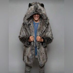 Men's Faux Fur Hooded Coat - Gray
